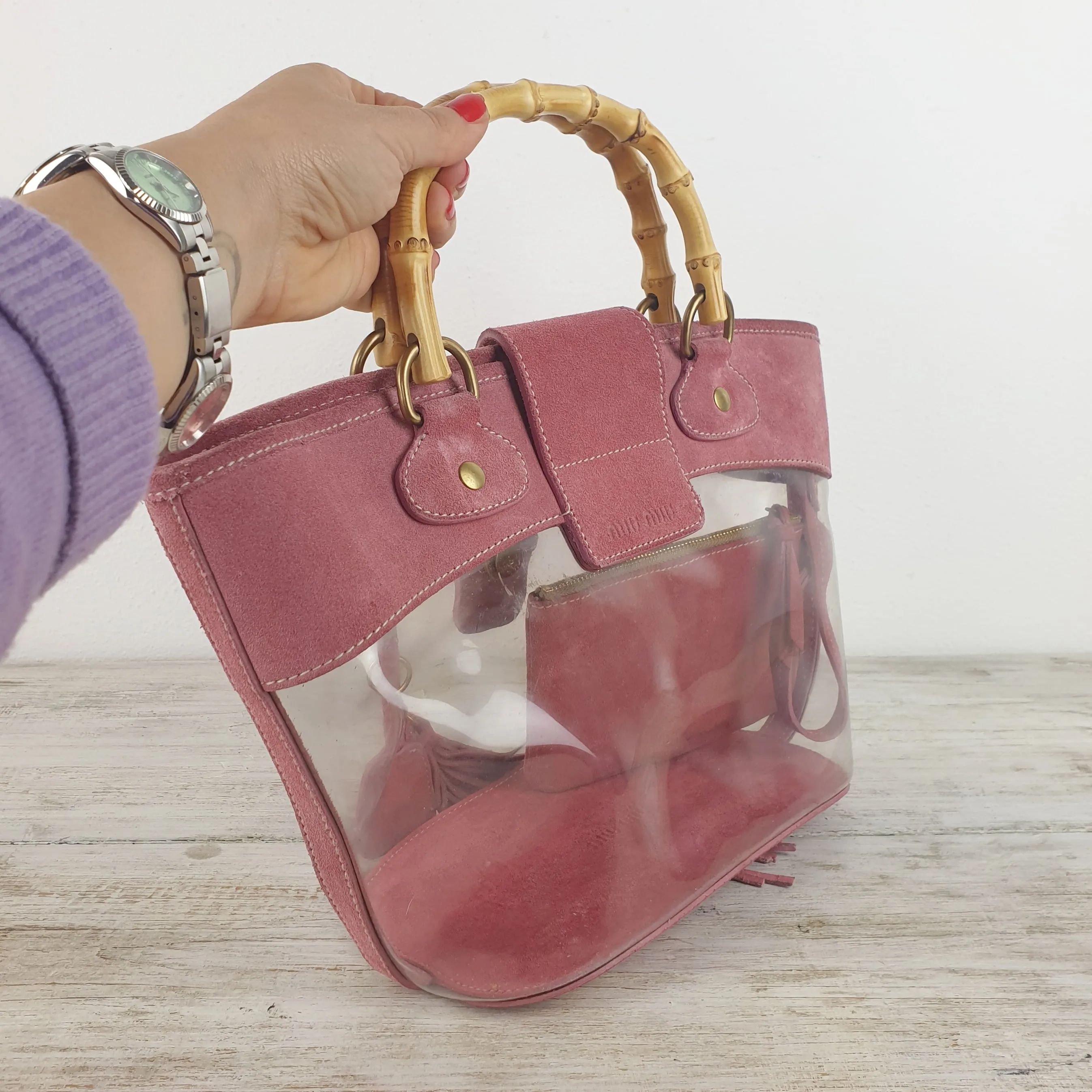 Borsa Miu Miu suede rosa e pvc