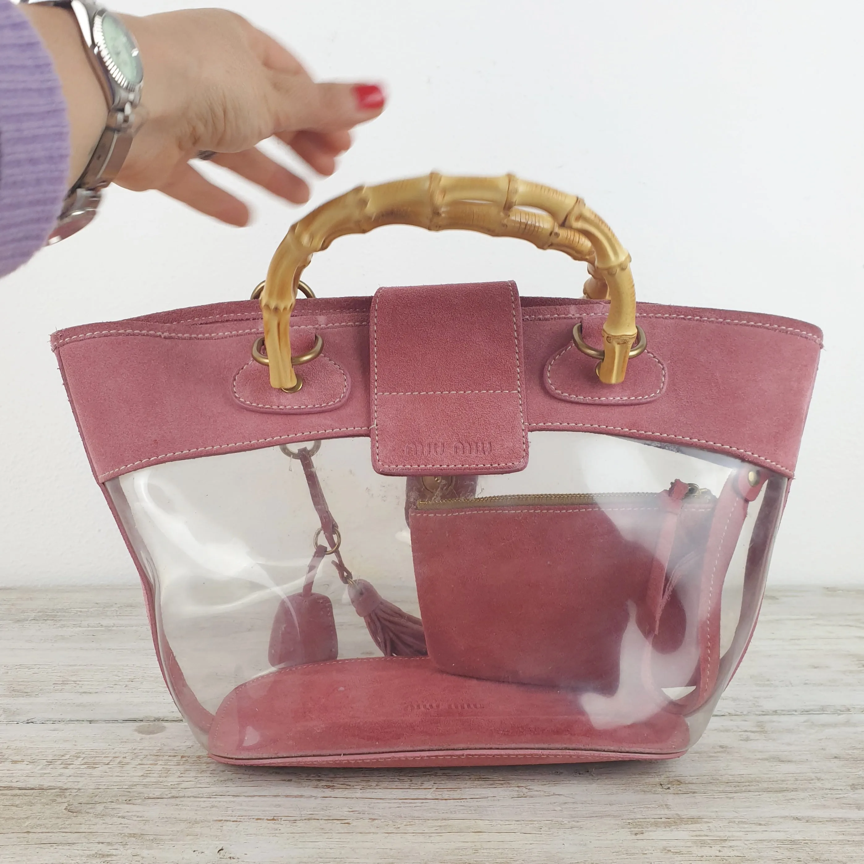 Borsa Miu Miu suede rosa e pvc