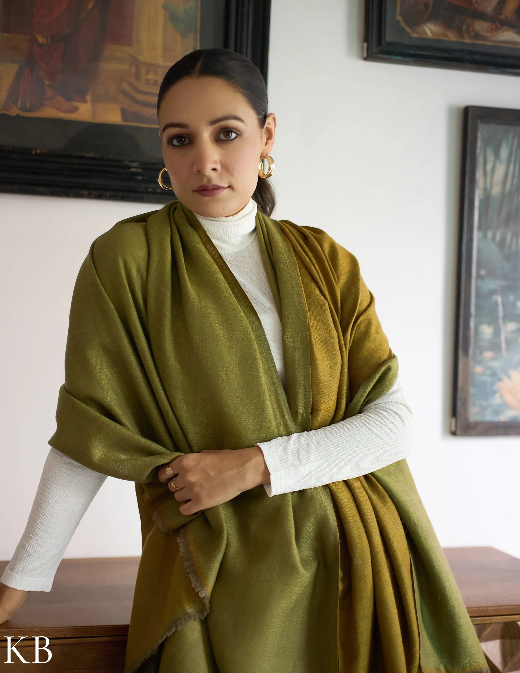 Dual Green Handwoven Reversible Cashmere Pashmina Shawl