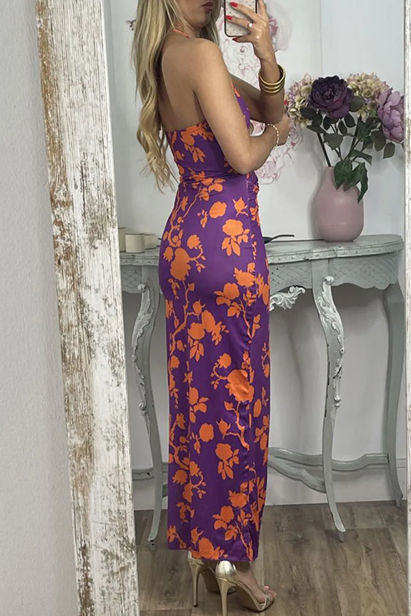 Elegant Floral Slit Fold Halter Printed Dress Dresses