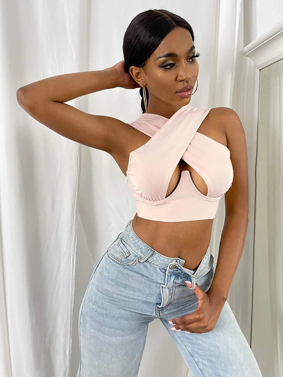 Free  Shipping Cross Wrap Sleeveless Cut-Out Front Crop Top