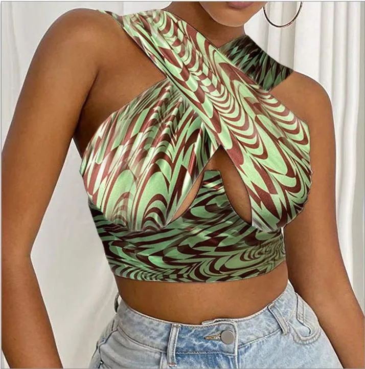 Free  Shipping Cross Wrap Sleeveless Cut-Out Front Crop Top