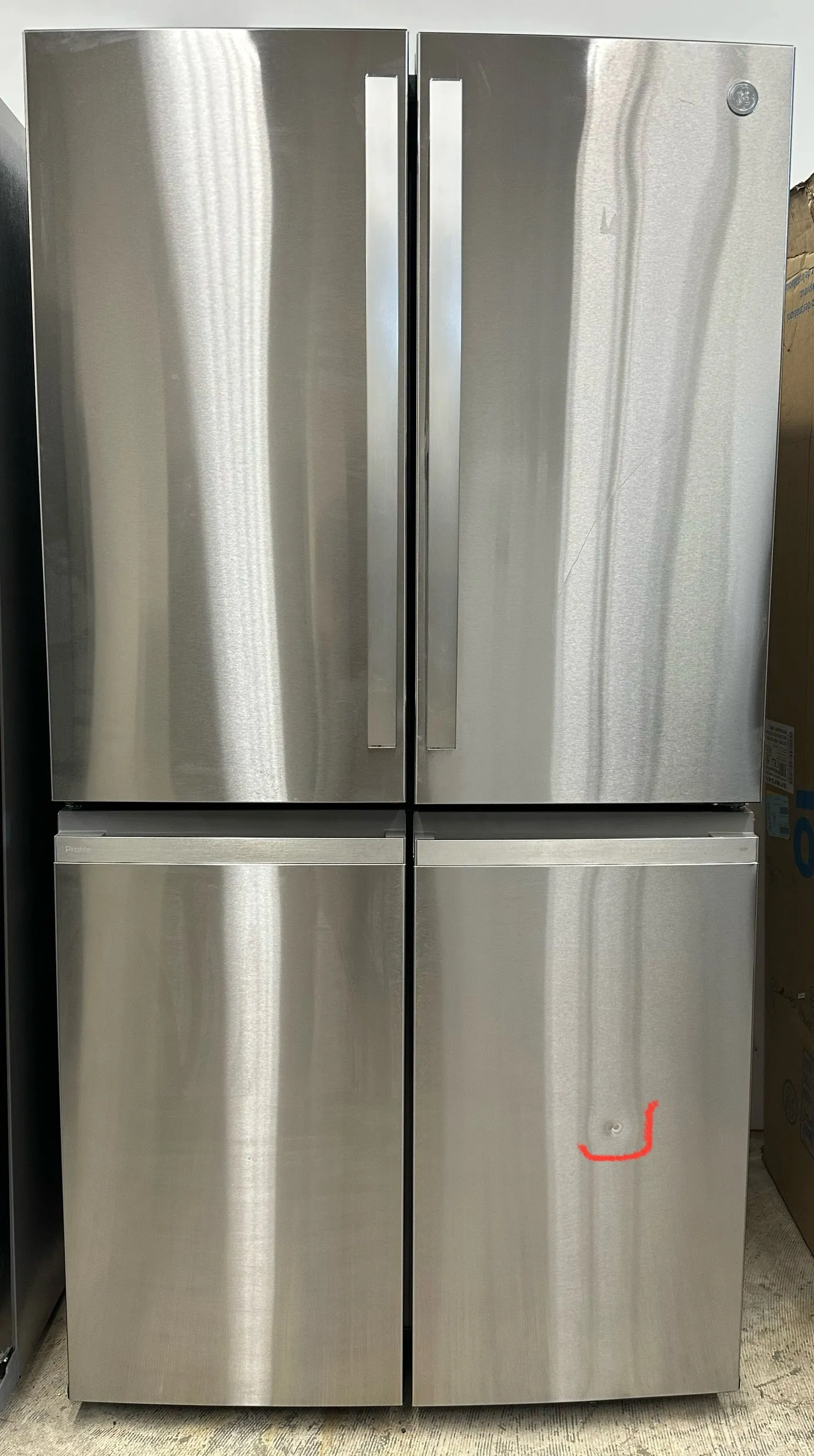 GE PAD28BYTFS 36 Inch Freestanding 4-Door French Door Smart Refrigerator with 28 cu. ft. Total Capacity, TwinChill™ Evaporators, Dual-Dispense AutoFill Pitcher, Enhanced Shabbos Mode, Built-In WiFi, Ice Maker, Internal Water Dispenser