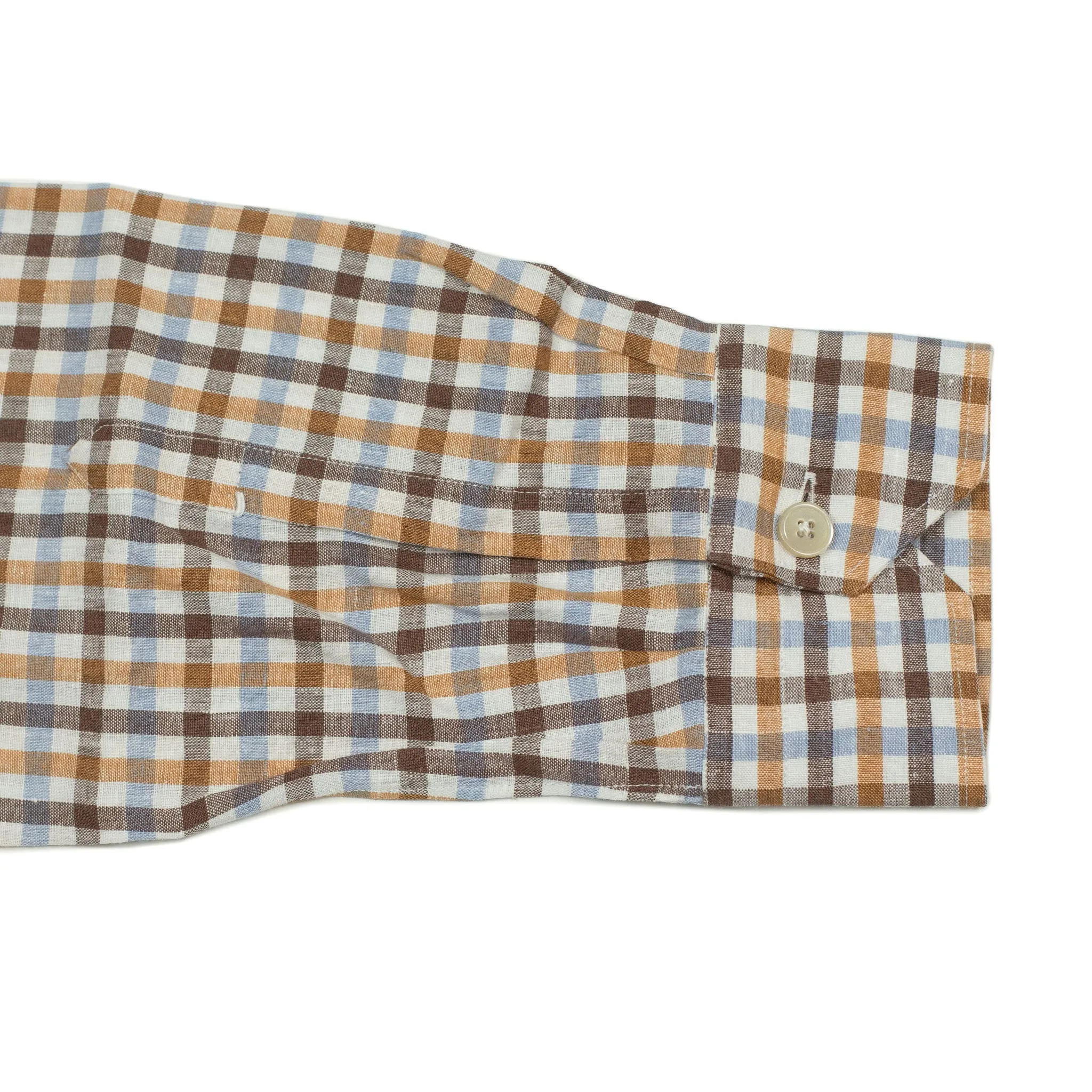 Long sleeve popover shirt in browns and blues checked linen, one-piece Miami collar