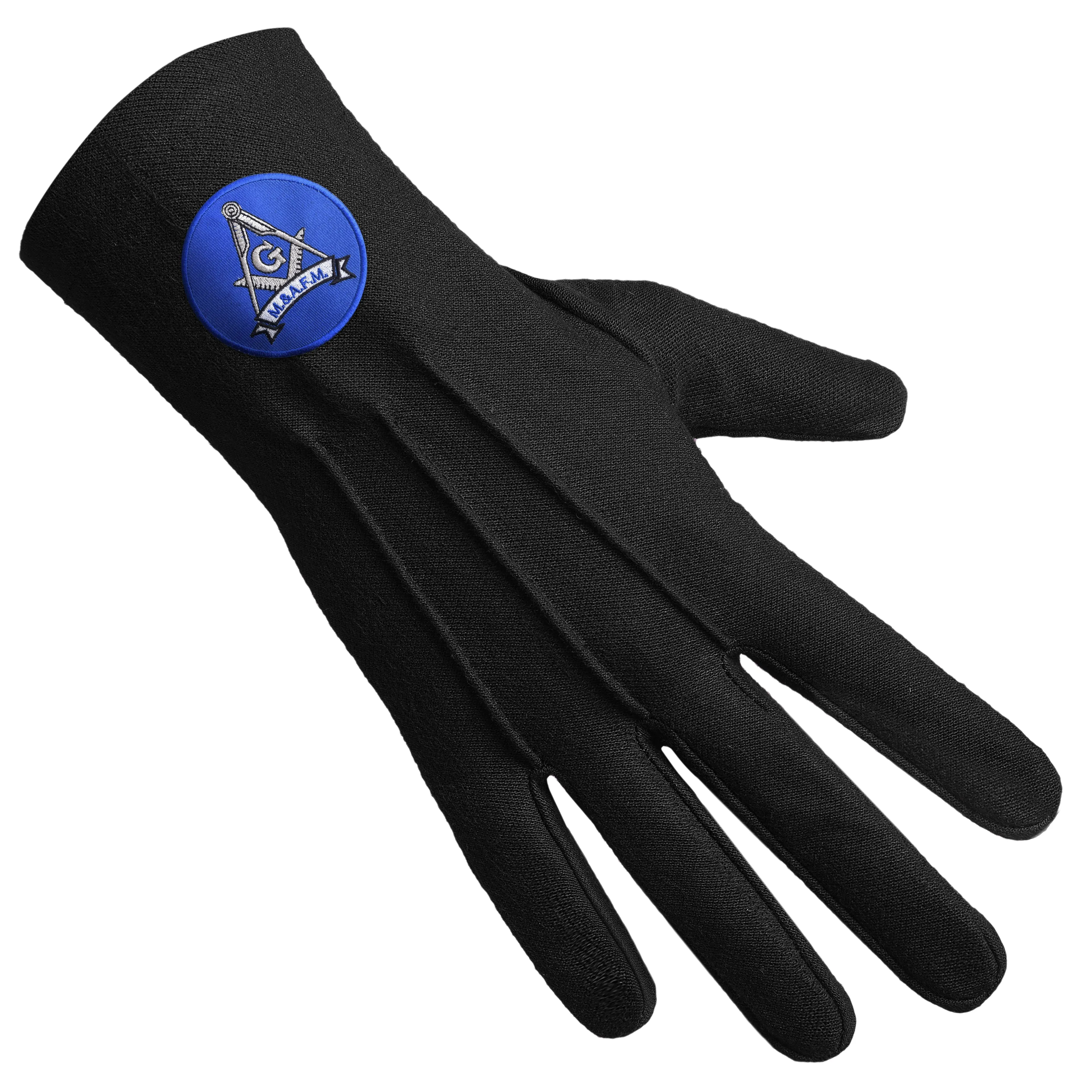 Master Mason Blue Lodge Gloves - Black Pure Cotton With Blue Round Patch