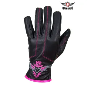 Pink-Rose Graphic Leather Gloves