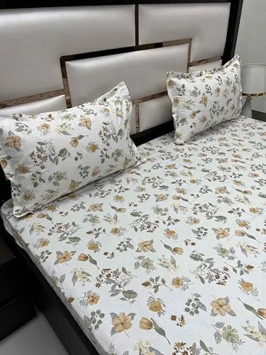 Pure Decor 100% Pure Cotton Royal Velar Collection King Size Twill Fabric Bedsheet for Double Bed (108"X108") with 2 Pillow Covers PD 4250 - Floral, White