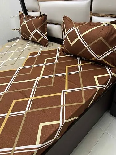 Pure Decor Passion Fur Collection Pure Cotton Bedsheets for Double Bed Cotton with Pillow Cover Set of 2 for Home Queen Size Bed PD 4307 - Geometric, Brown