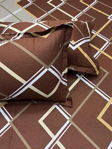 Pure Decor Passion Fur Collection Pure Cotton Bedsheets for Double Bed Cotton with Pillow Cover Set of 2 for Home Queen Size Bed PD 4307 - Geometric, Brown