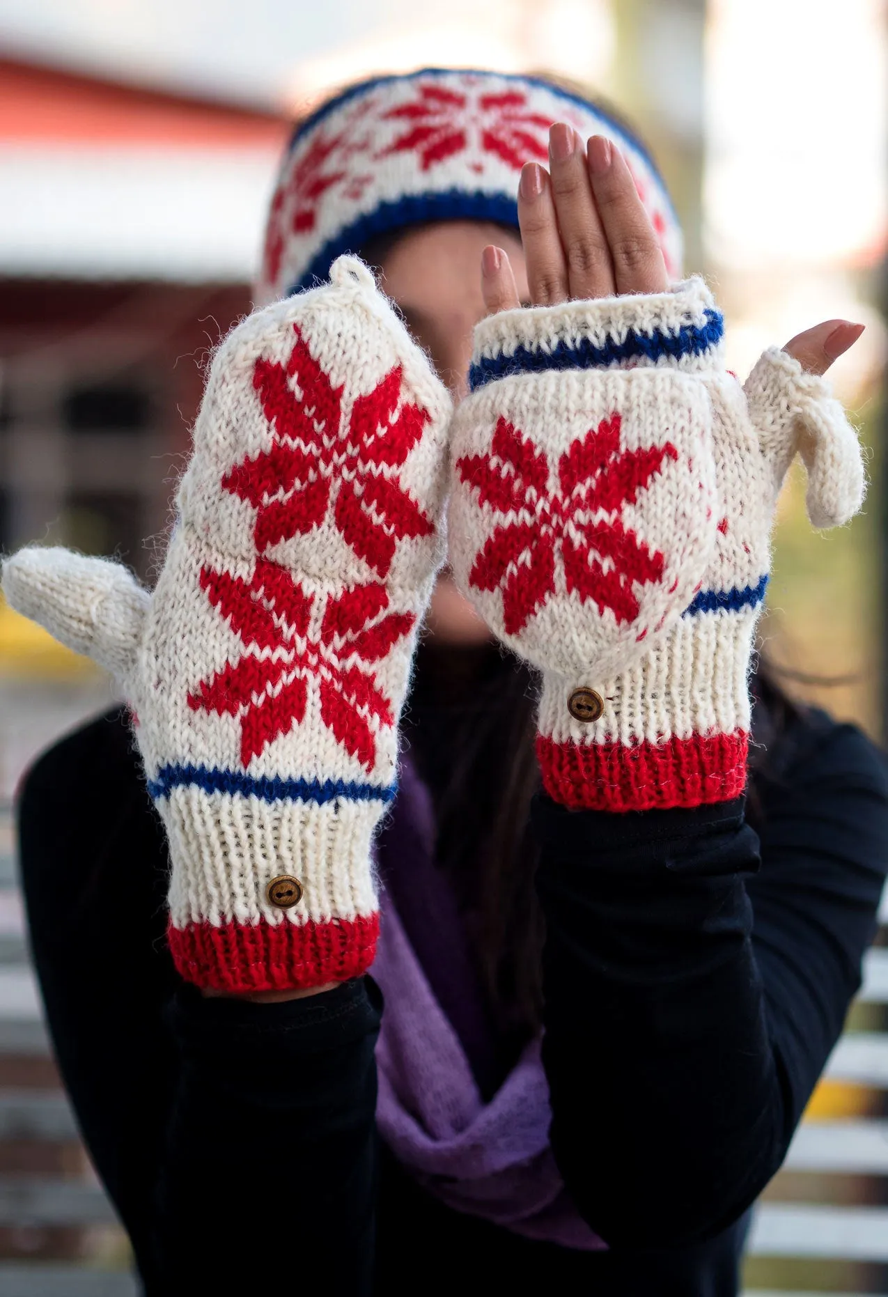 Pure Wool Snow Flake Pattern Convertible Mittens