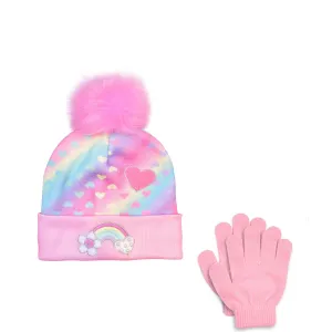 Rainbow Heart-Printed Hat & Gloves Set