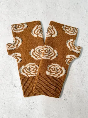 Rose Pattern Studded Fingerless Mittens, Camel