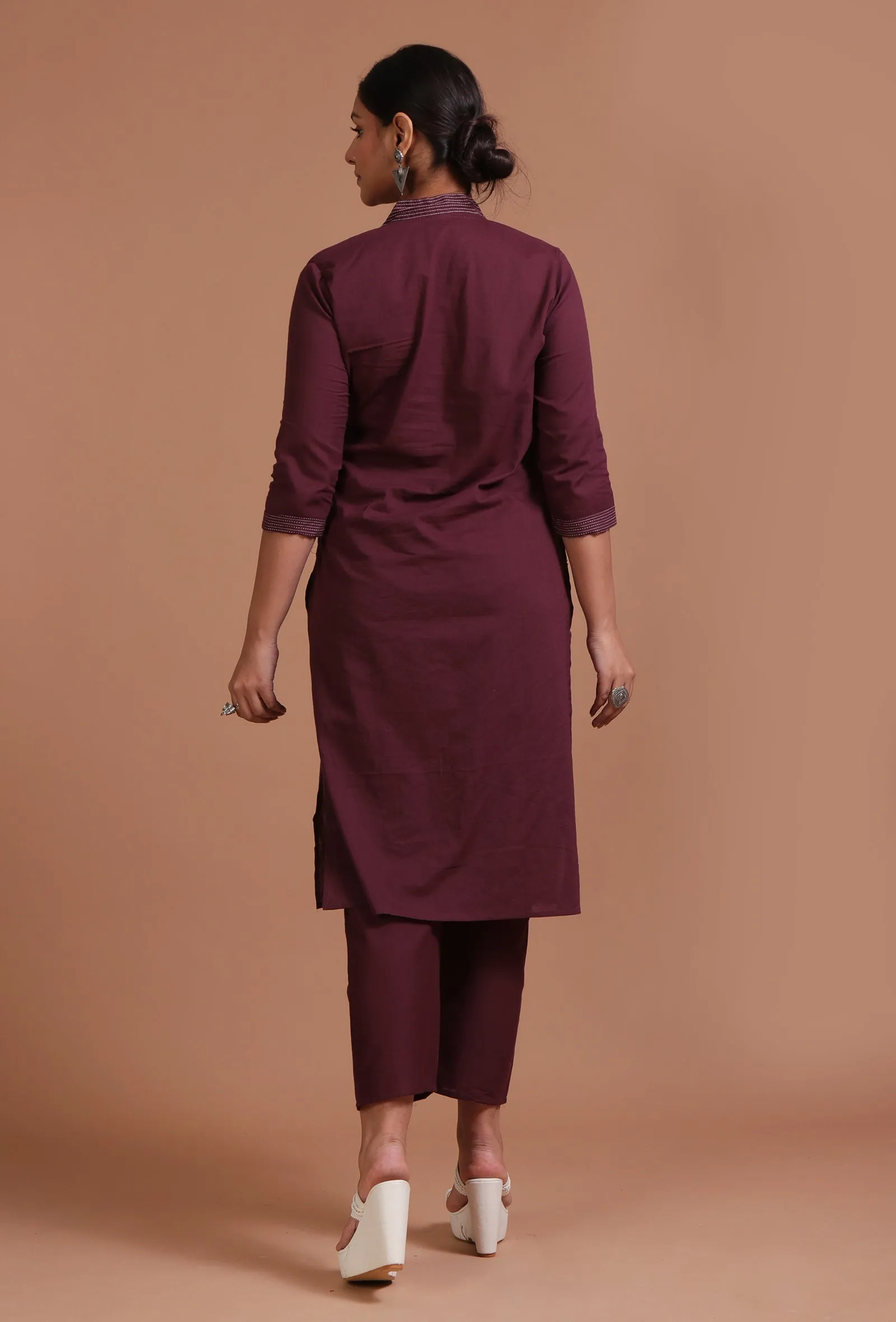 Set Of 2: Dark Brown Cotton Plain Kurta & Pant Set