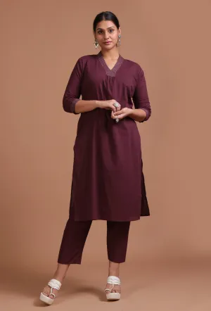 Set Of 2: Dark Brown Cotton Plain Kurta & Pant Set