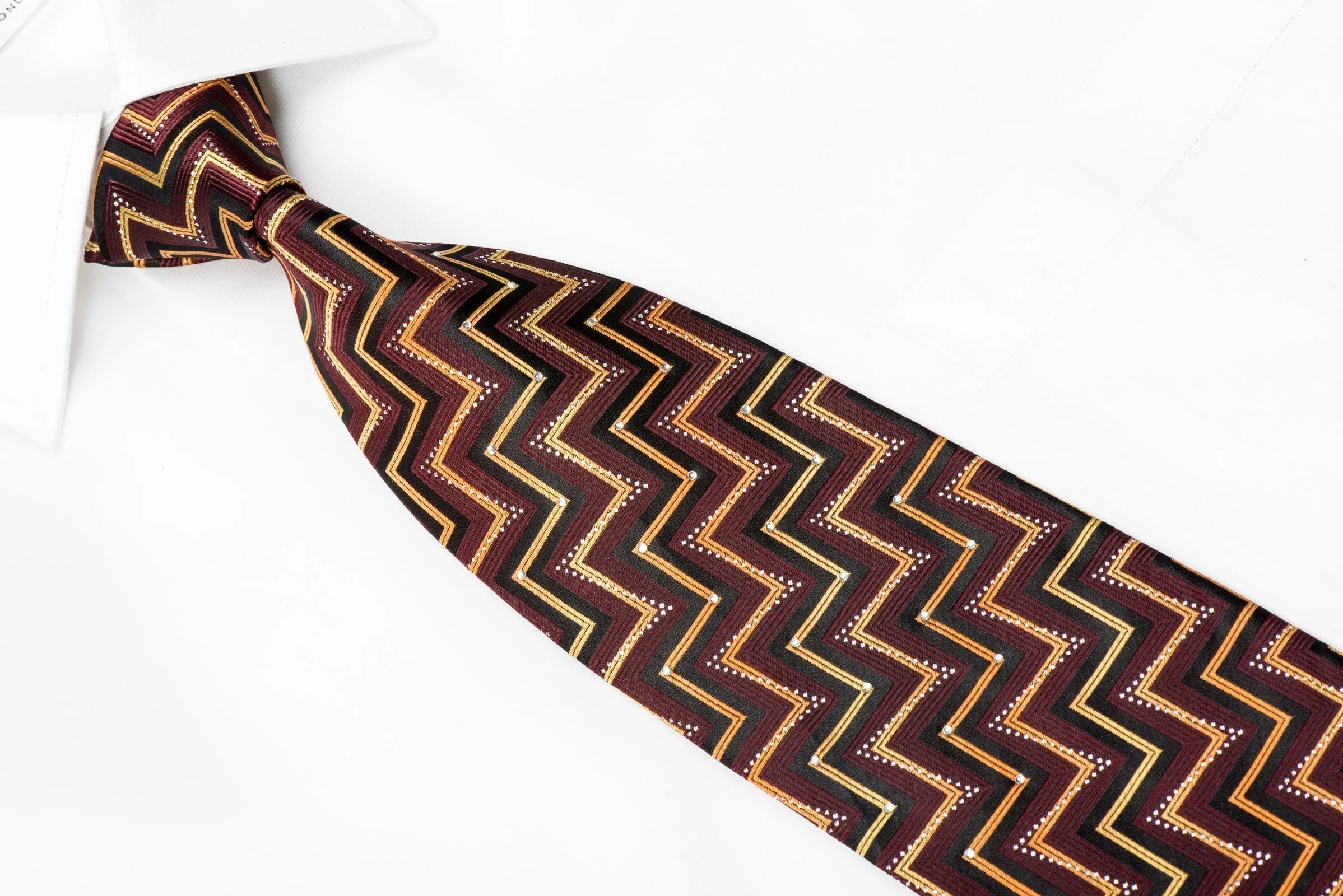 Taiyo Men's Crystal Silk Necktie Orange Burgundy Chevron On Brown With Silver Sparkles