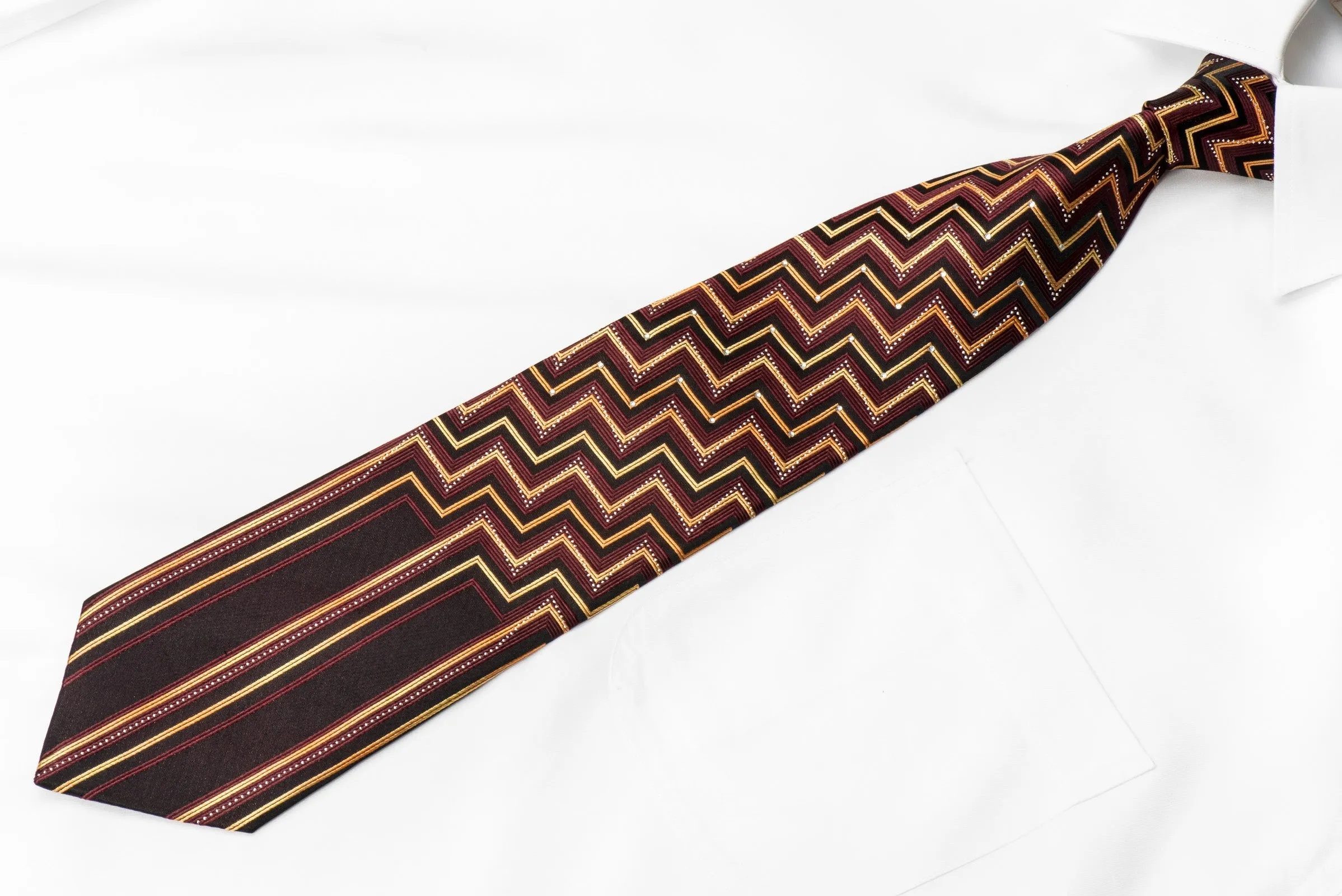 Taiyo Men's Crystal Silk Necktie Orange Burgundy Chevron On Brown With Silver Sparkles