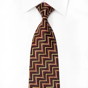 Taiyo Men's Crystal Silk Necktie Orange Burgundy Chevron On Brown With Silver Sparkles