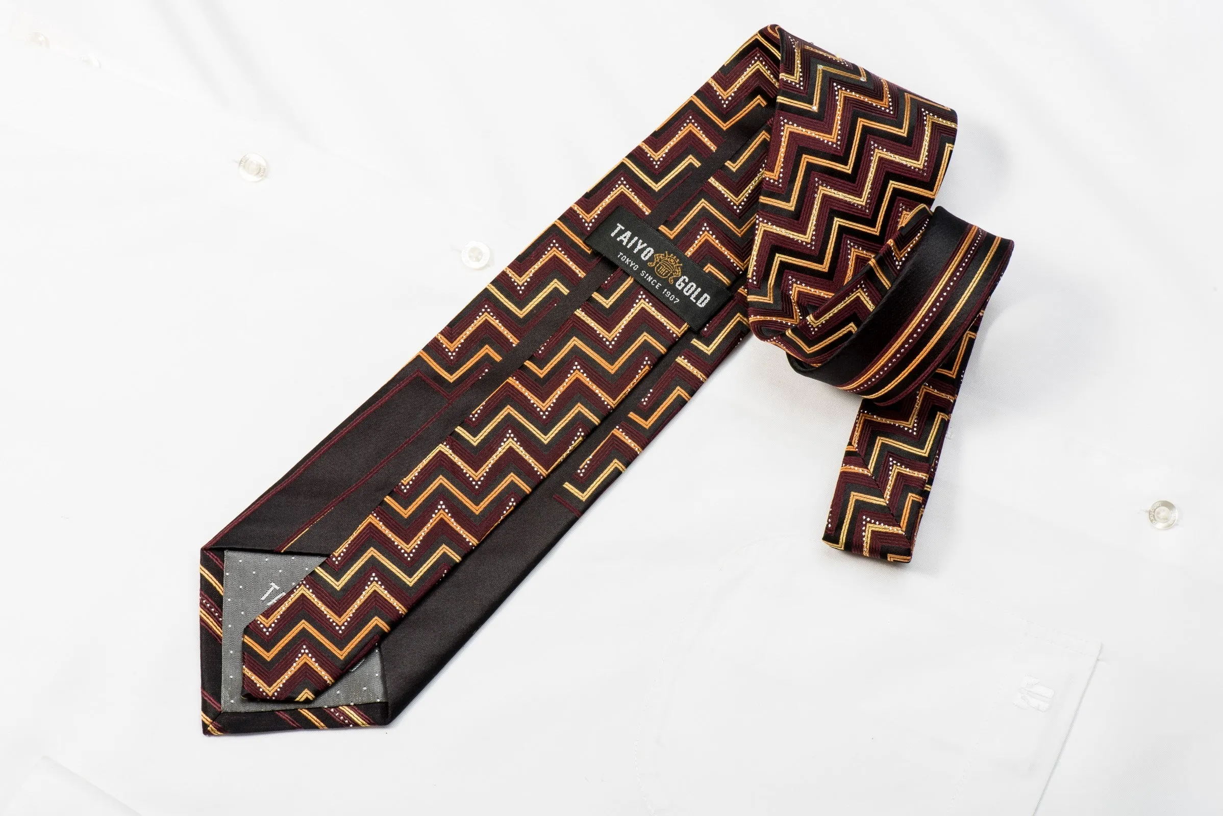 Taiyo Men's Crystal Silk Necktie Orange Burgundy Chevron On Brown With Silver Sparkles