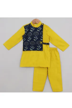 Yellow Cotton Silk Kurta With Blue Floral Printed Attached Jacket Set