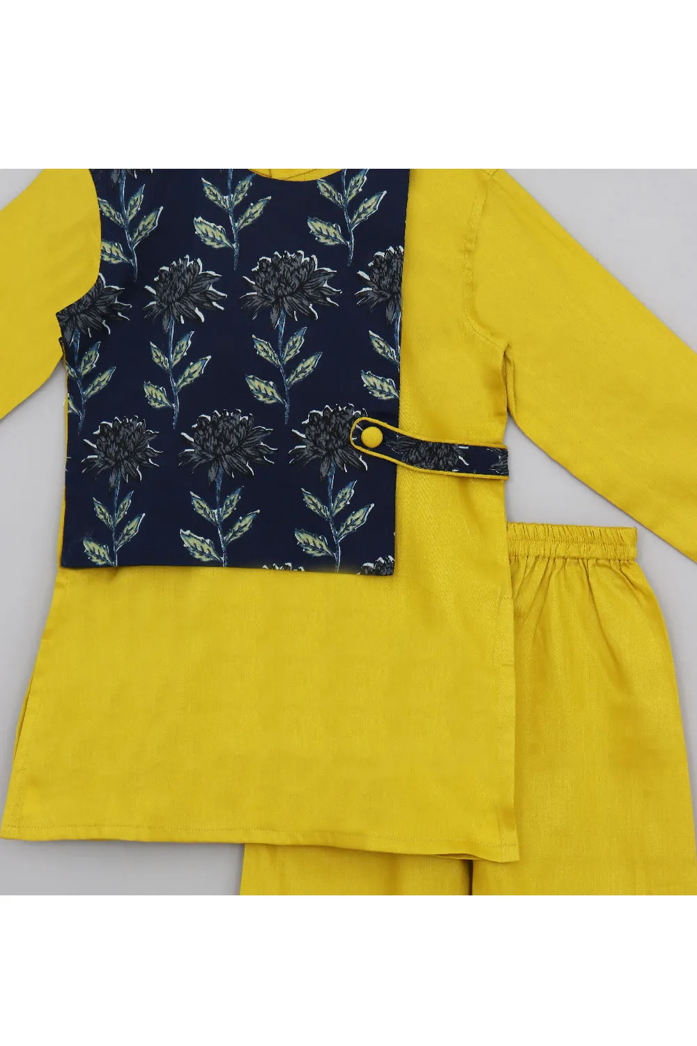 Yellow Cotton Silk Kurta With Blue Floral Printed Attached Jacket Set