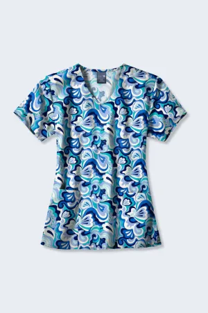 Z12213 Wavy Paisley Blue Swirl Women's Print Scrub Top